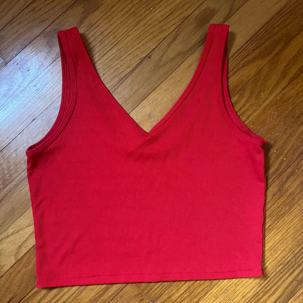 Red V-Neck Ribbed Crop Tank Top